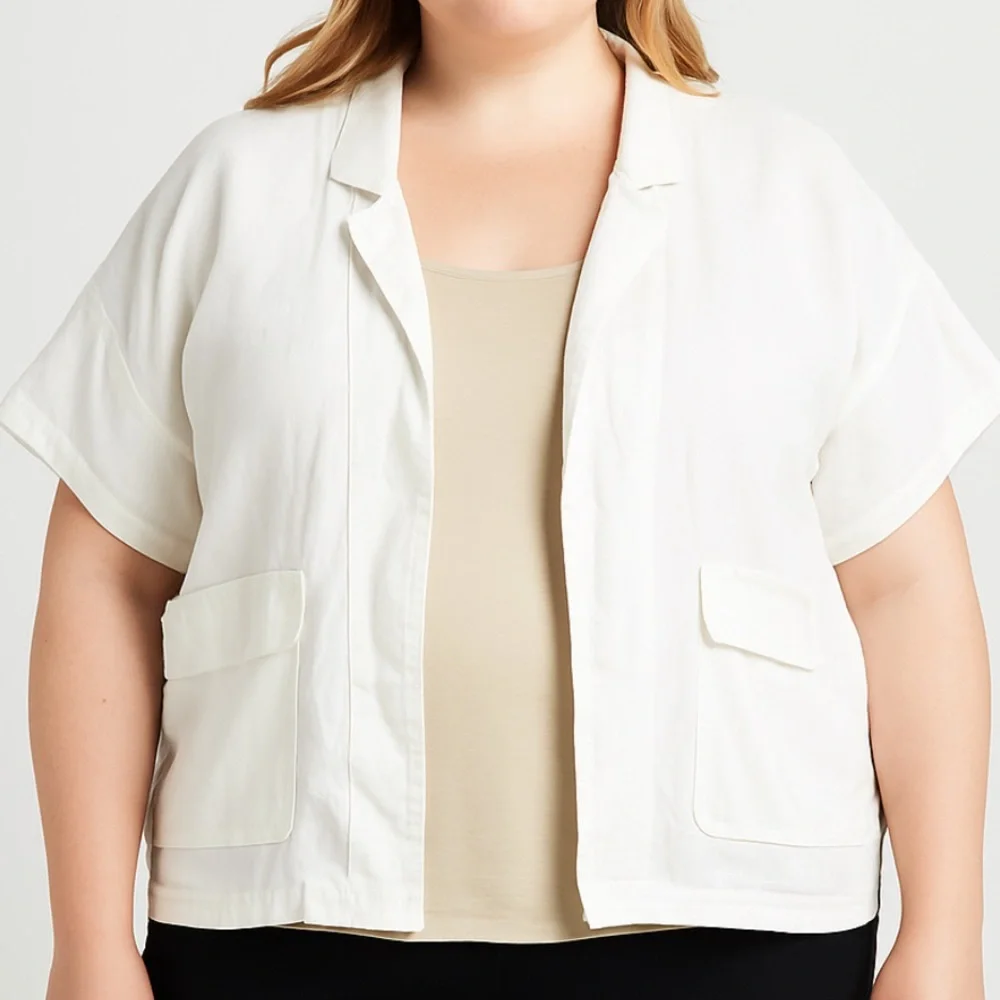 Eileen Fisher Organic Linen Short Sleeve Jacket Oversized‎ Lagenlook White 1X